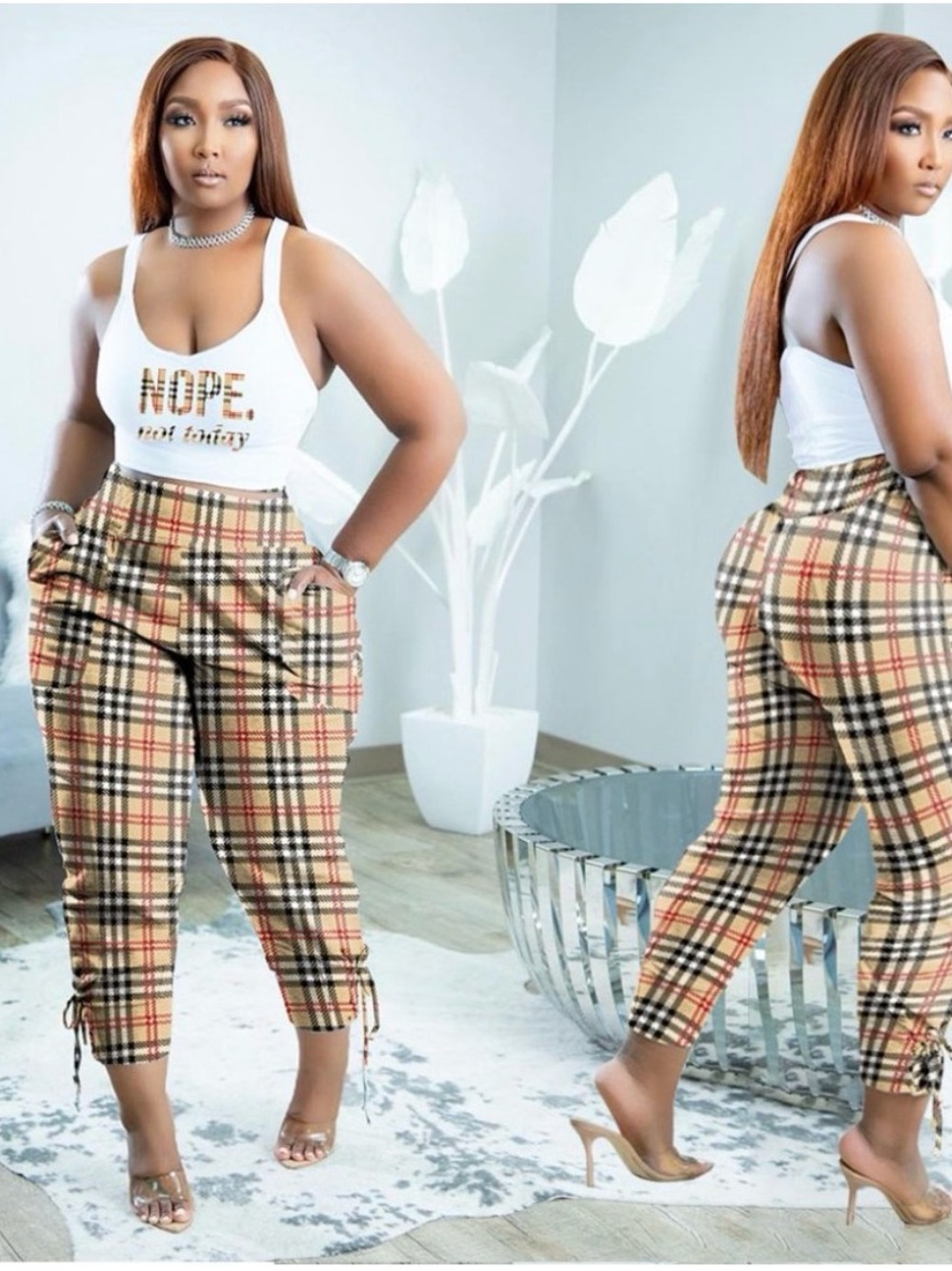 Plaid High-Waist Drawstring Ankle Pants - Beige Plaid NEW W/O TAGS XL